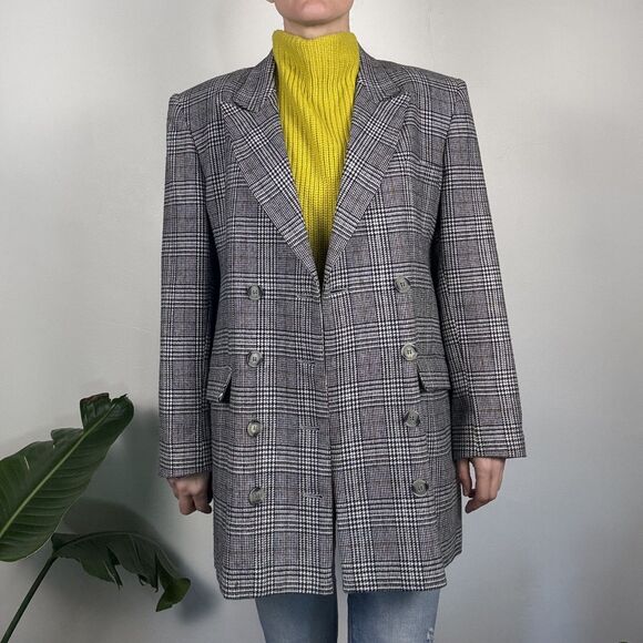 Vintage 80s 90s Houndstooth Plaid Double Breasted Blazer, Black Check Jacket - Picture 1 of 12